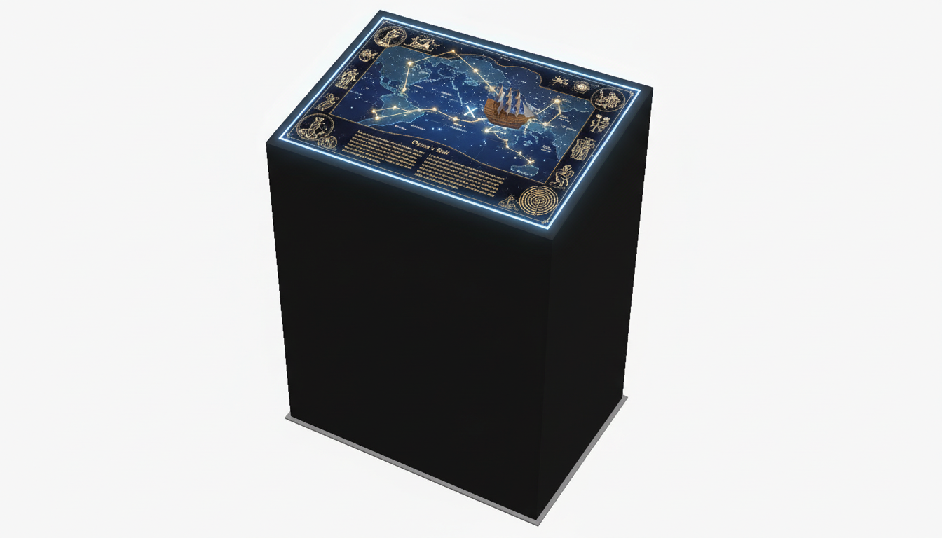 Story plinth — wedge-shaped lectern with backlit Perspex reading panel