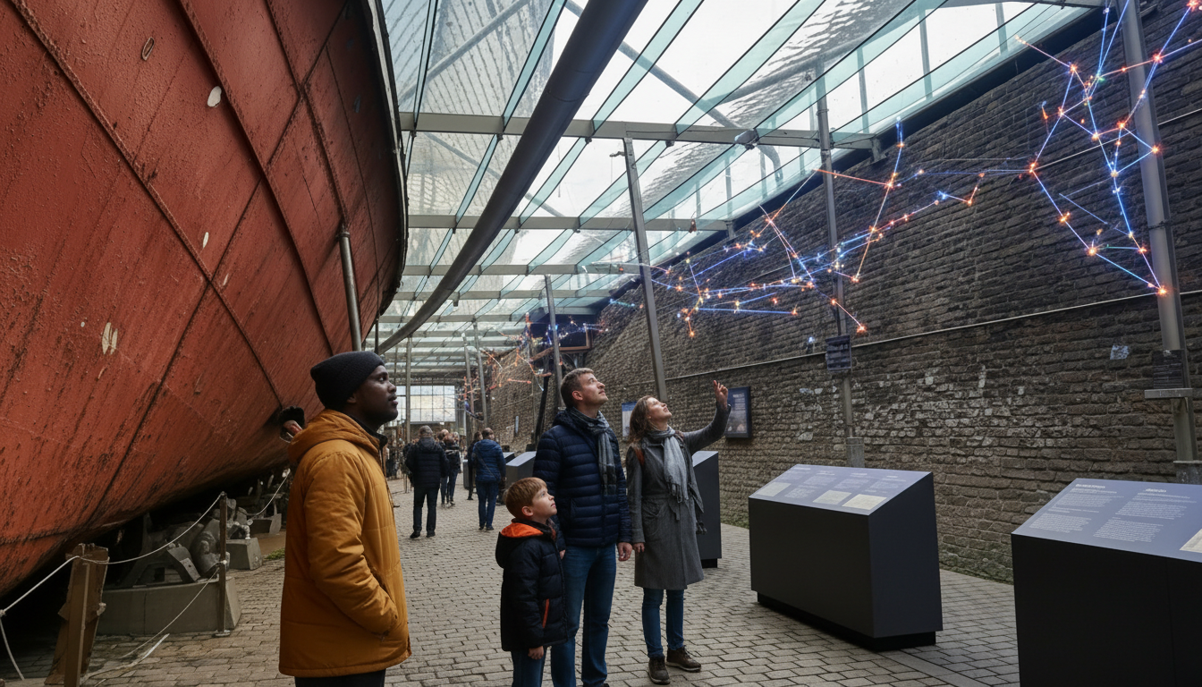 A family looking up at glowing constellations in the dry dock