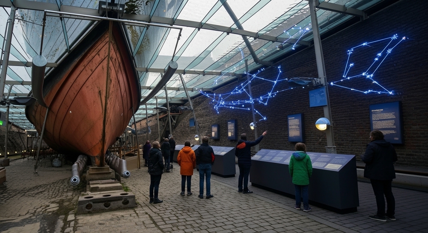 Visitors walk beneath glowing constellation sculptures suspended in the dry dock