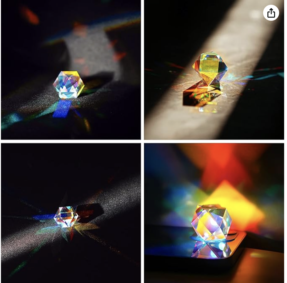 Faceted crystal prisms casting prismatic rainbow refractions