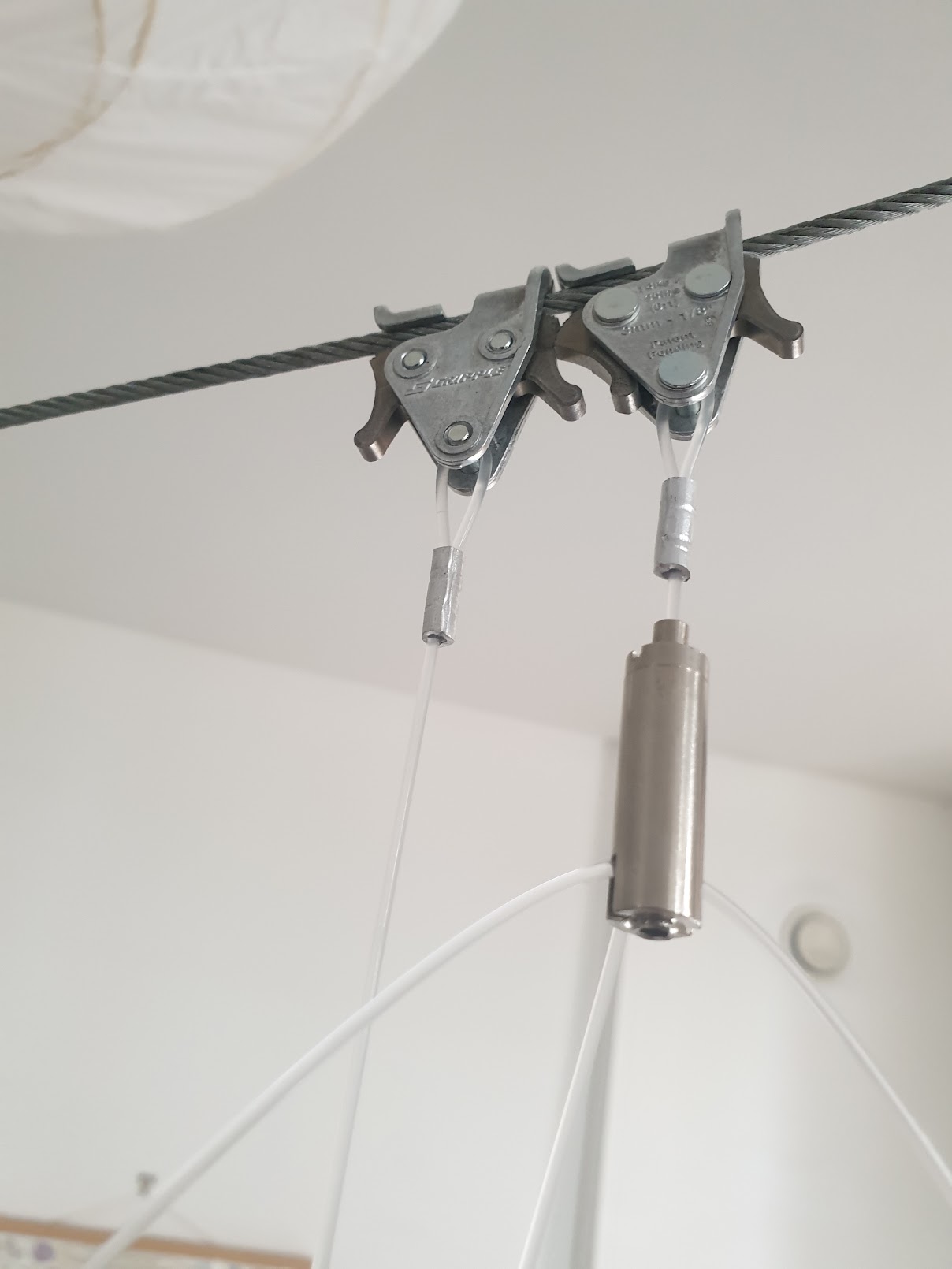 TECNI V-Gliders on 3mm stainless steel cable with Gripple C-Clip, from the White Storks installation at Knepp